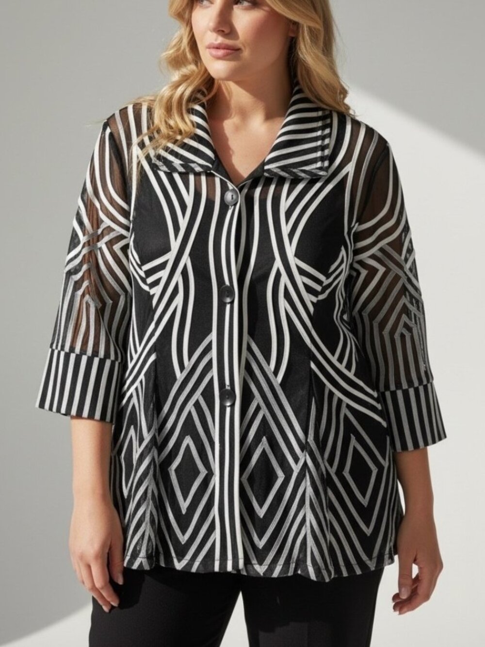 Damee Black White Sheer Mesh Jacket 2X Geometric Stripe Button Front Art to Wear